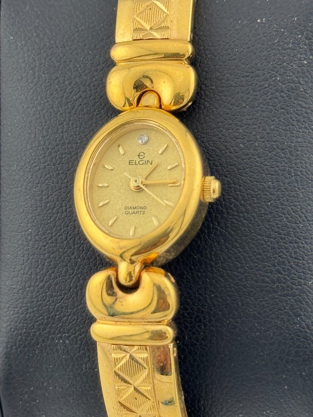 Elgin Diamond Quartz Ladies Watch Gold-Tone Oval Engraved Bangle Bracelet